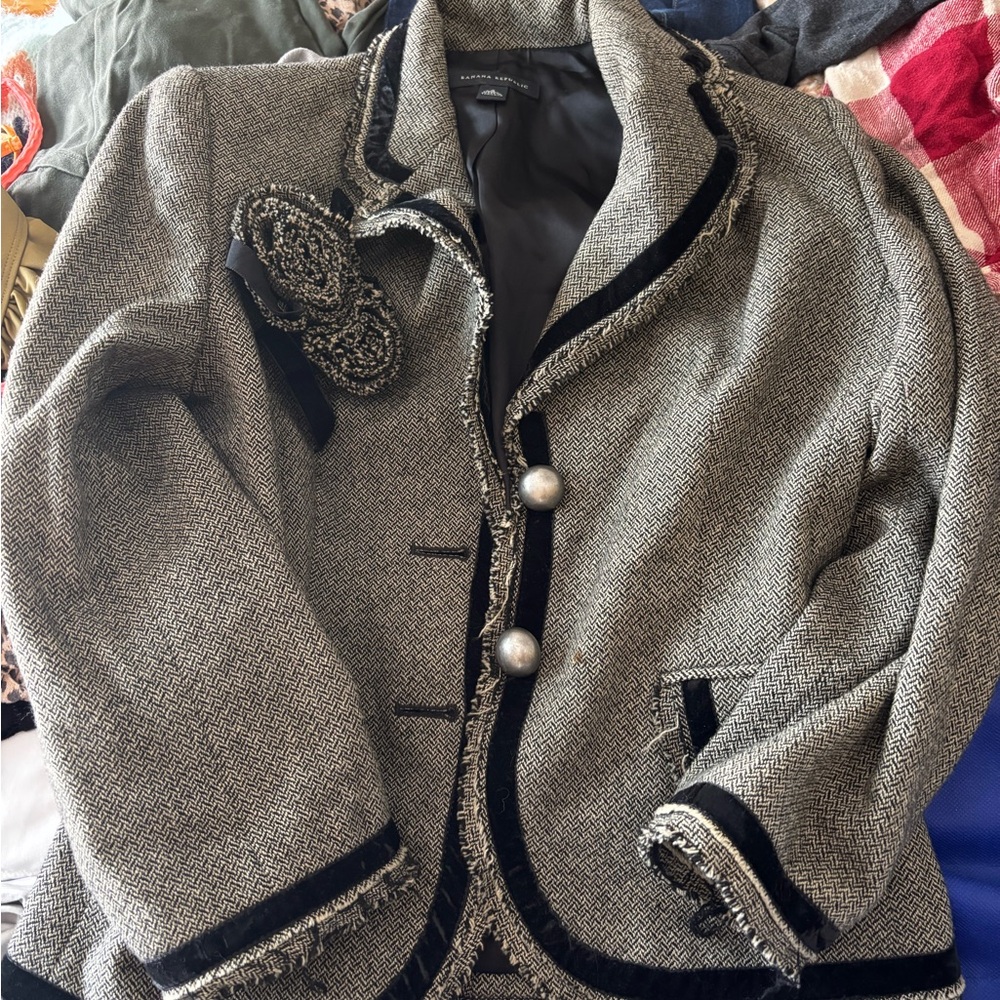 Gray Tweed Blazer with Black Trim